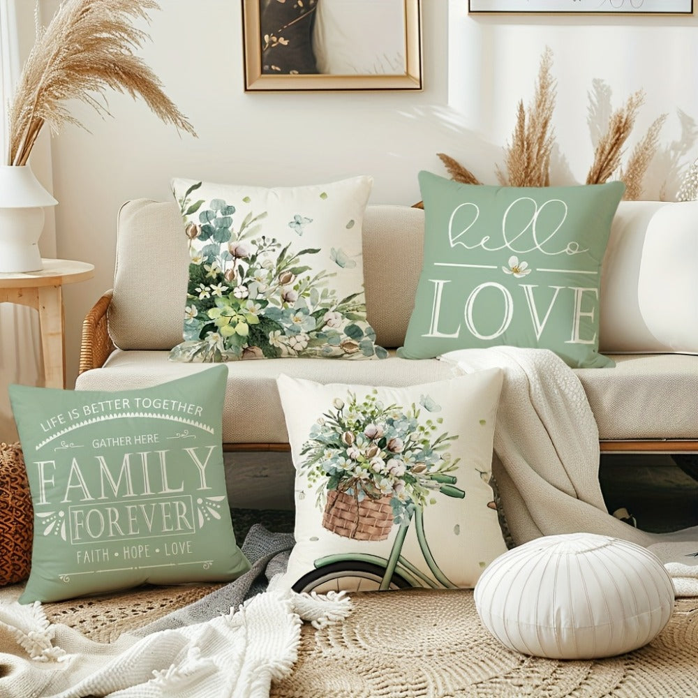 Four-Piece Farmhouse Pillow Cover Set, 18 x 18 Inches with Eucalyptus, Bicycle and Typography Prints