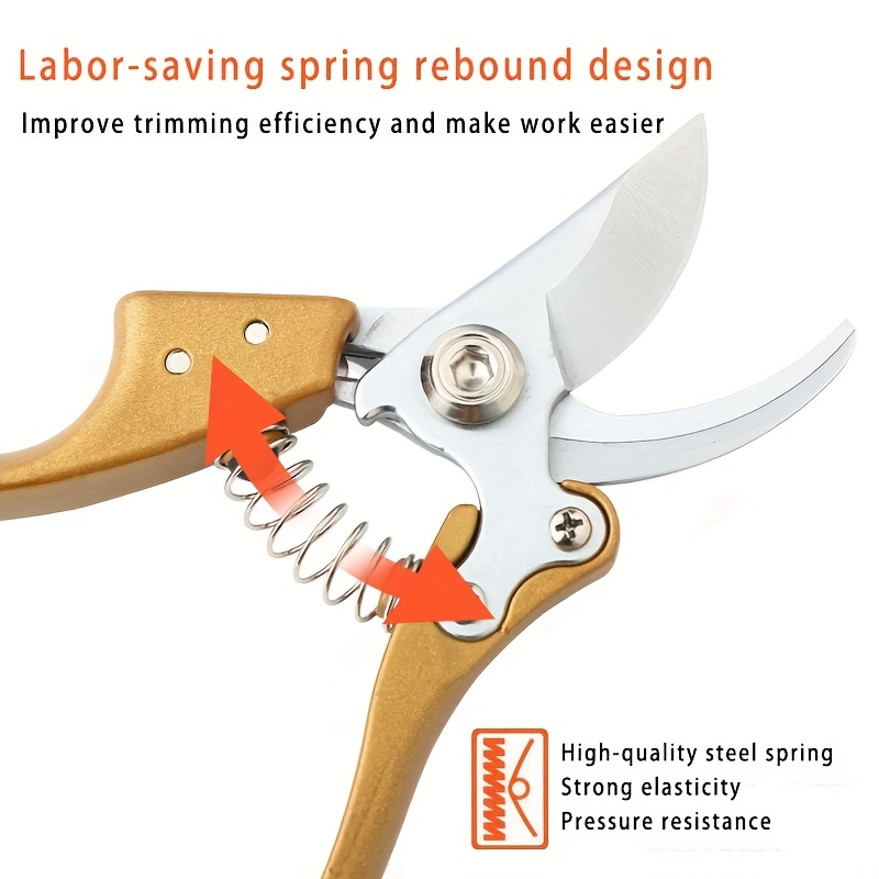 Bypass Pruning Shears with Curved Blade, Return Spring and Gold or Black Coated Handle Options