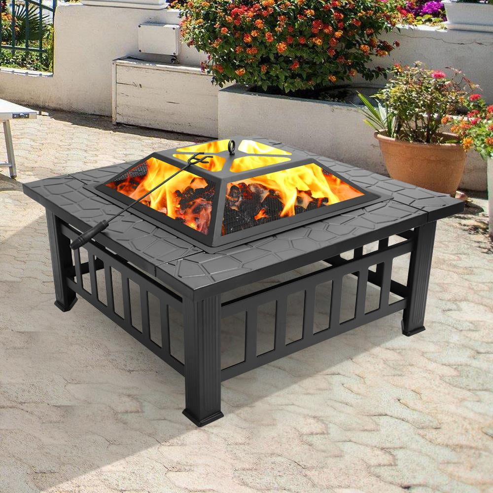 Fire Pit, Square Outdoor Metal BBQ Patio Backyard Camping Fireplace for Grilling, Camping and Outdoor Meals