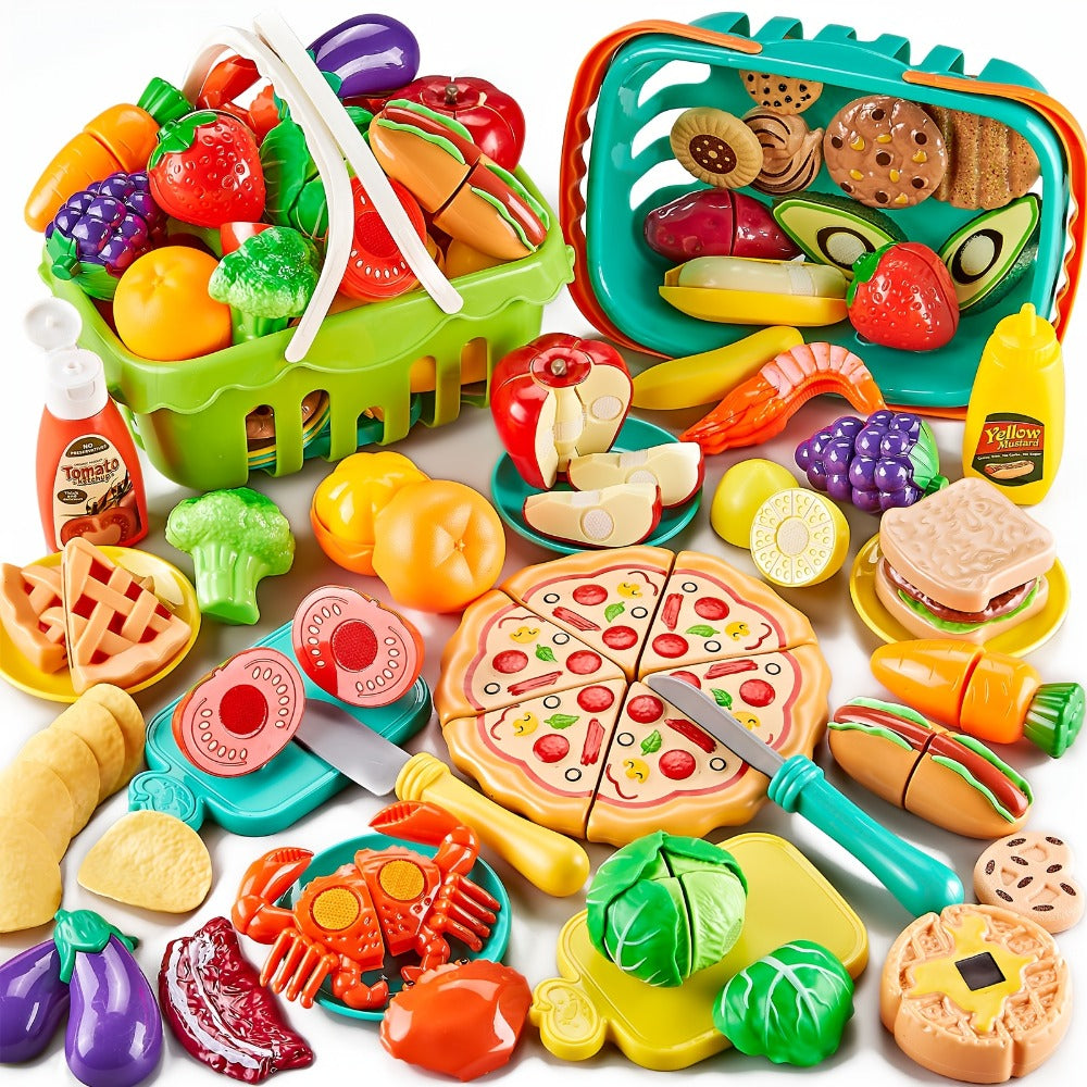 Pretend Play Food Set 85pcs, Cutting Toy Food with 2 Baskets, Pizza Veggies & Fruits, Play Kitchen Accessories for Toddlers