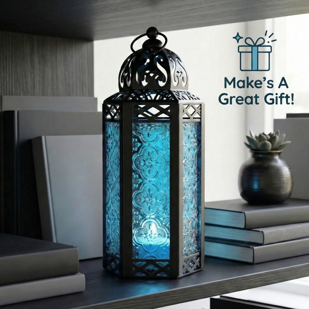 Moroccan Candle Lantern Holder - Decorative Metal & Glass Lantern with Embossed Floral Design for Indoor Home Decor
