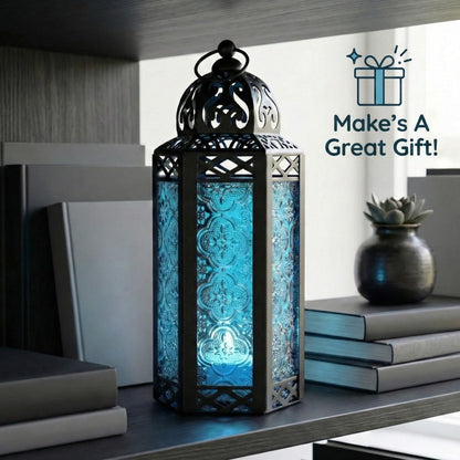 Moroccan Candle Lantern Holder - Decorative Metal & Glass Lantern with Embossed Floral Design for Indoor Home Decor