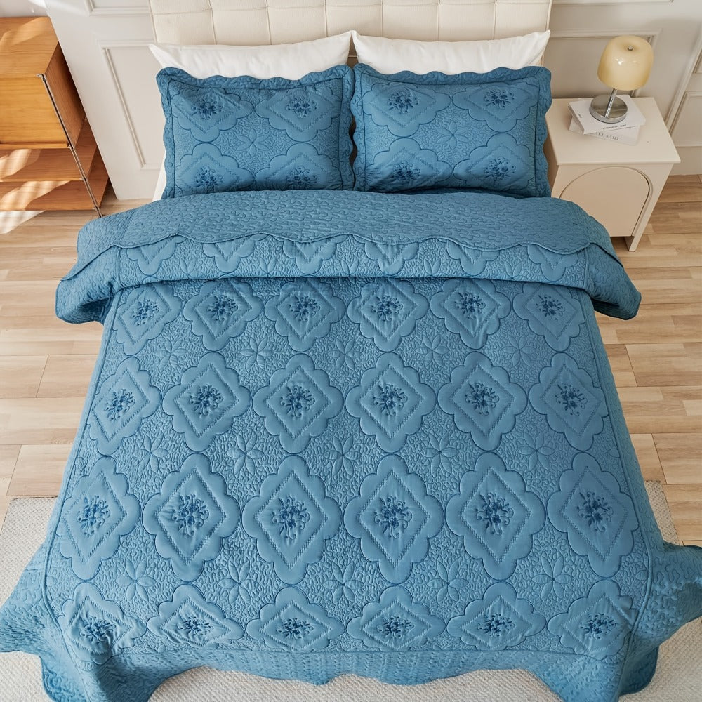 Quilt Set 3 Piece Floral Embroidery Bedspread – 100% Polyester Wrinkle Resistant Lightweight Quilted Coverlet with 2 Pillow Shams for Full