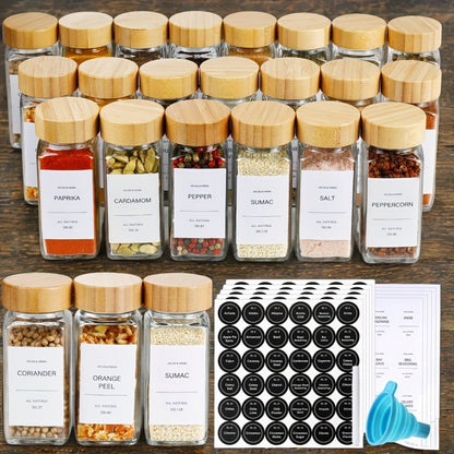 Glass Spice Jars with Labels and Lids 4oz, Empty Spice Bottles with Foldable Funnel for Kitchen Organization