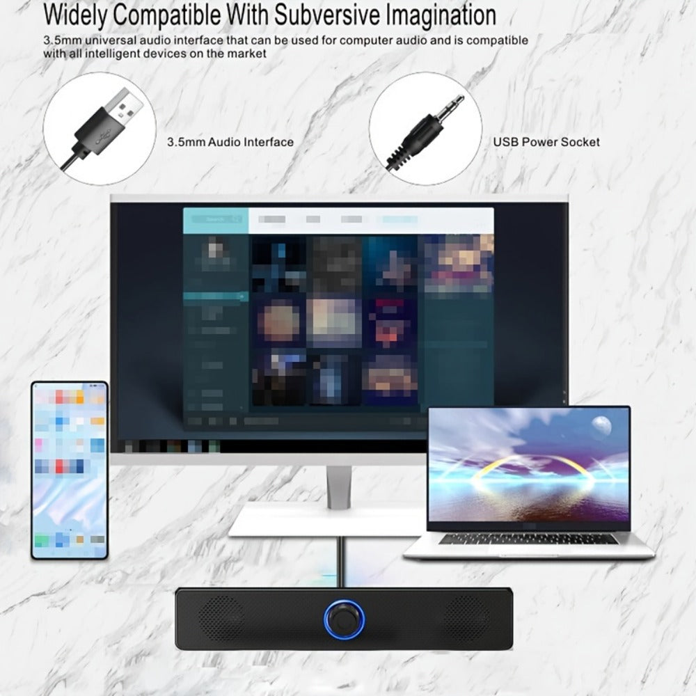 USB Wired Desktop Speaker Bar with 4D Audio Effect & Blue LED - Stereo Sound, 3.5mm AUX Input, Independent Volume Control