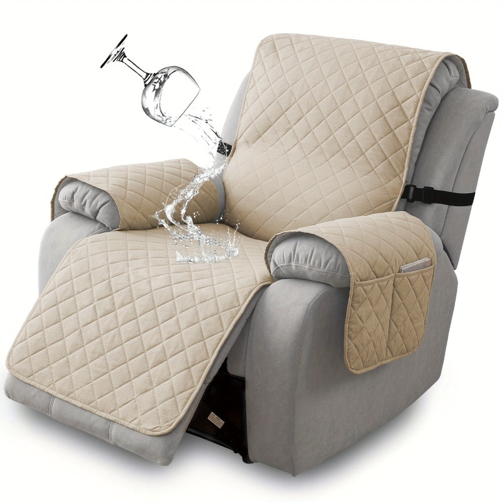 Diamond-Quilted One-Piece Recliner Chair Cover with Side Pocket, Buckle Strap and Eight Colors