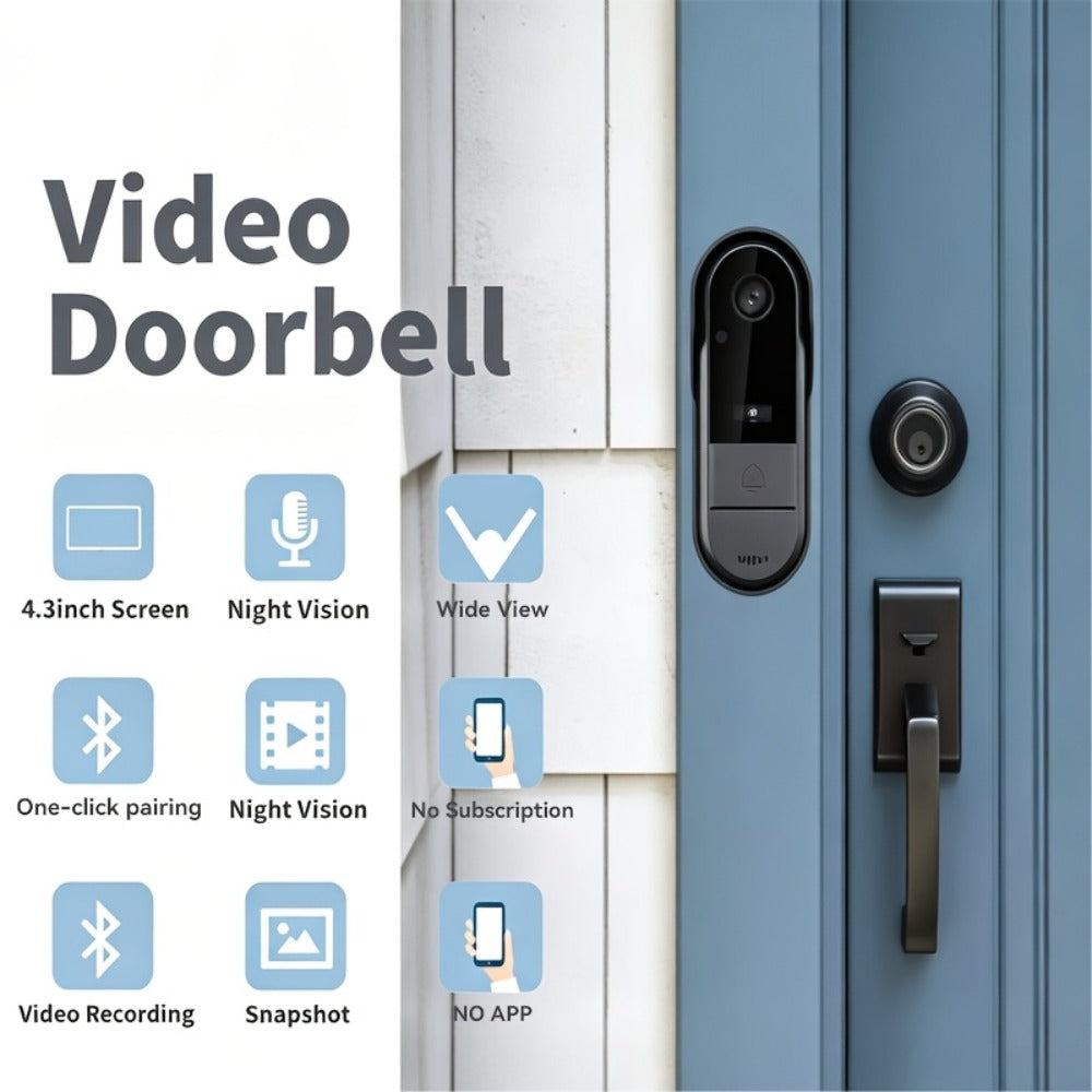 1920P Video Doorbell Camera with 4.3" Monitor & Dual Power - No WiFi No App, Battery & USB, Two-Way Audio