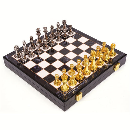 Luxury Metal Chess Set with Marble Board – Zinc Alloy Gunmetal & Gold Pieces Extra Queens 11.5" Elegant Chessboard Gift for Adults Beginners