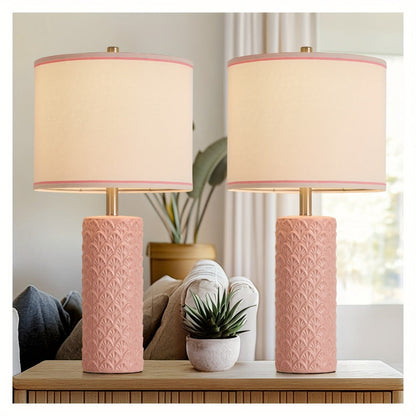 Table Lamp with Ceramic Textured Base, Drum Shade, 9W LED Bulb, Five Colors and Three Color Temperatures