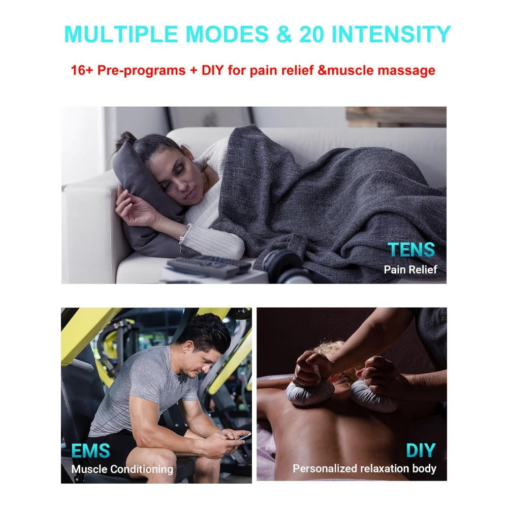 Portable TENS and EMS Handheld Stimulator with 16, 20 or 24 Mode Controller Options and Four Pads
