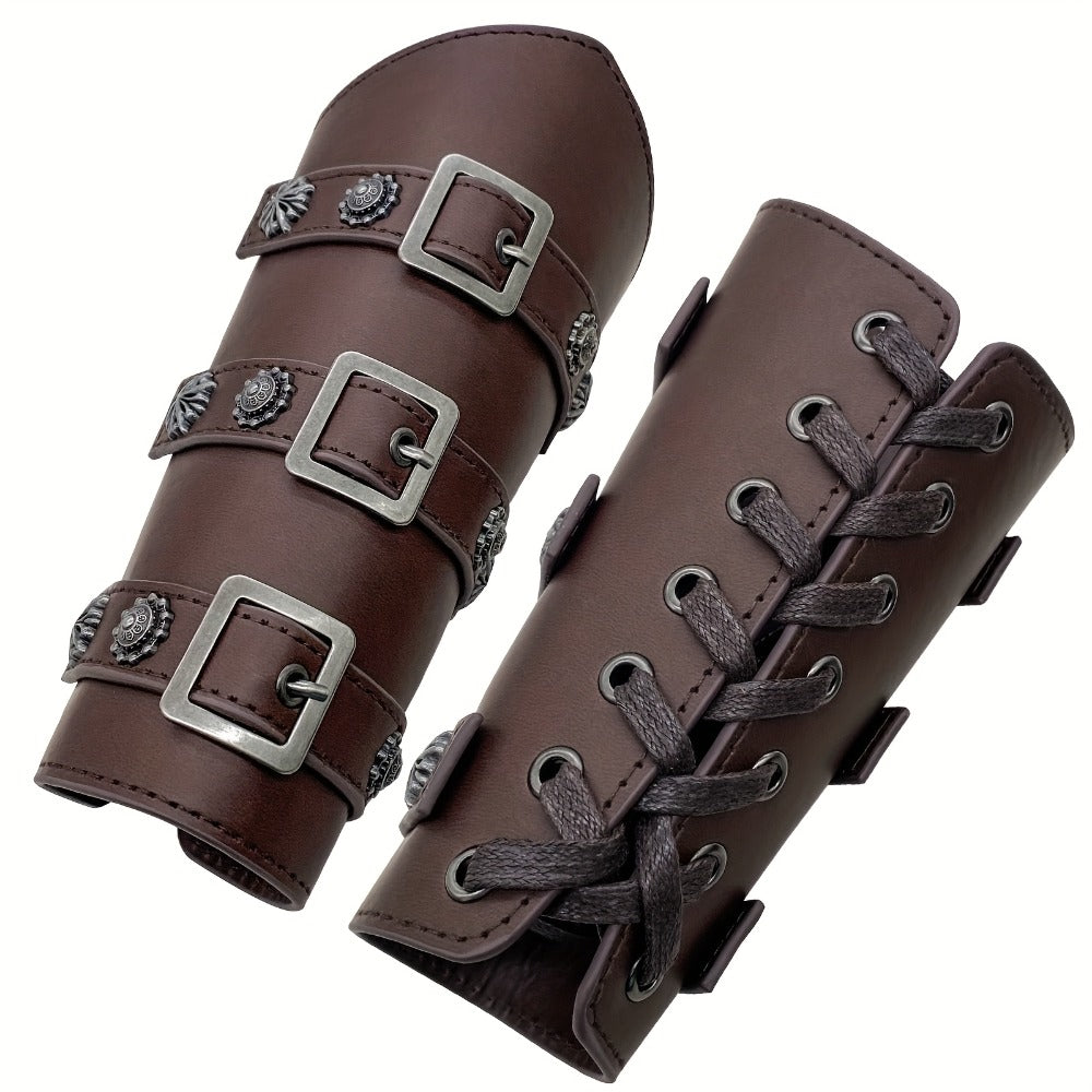 Viking Medieval Leather Arm Guards Bracers – PU Leather Knight Gauntlets Adjustable Metal Buckles Rivets for Men Women Halloween Cosplay