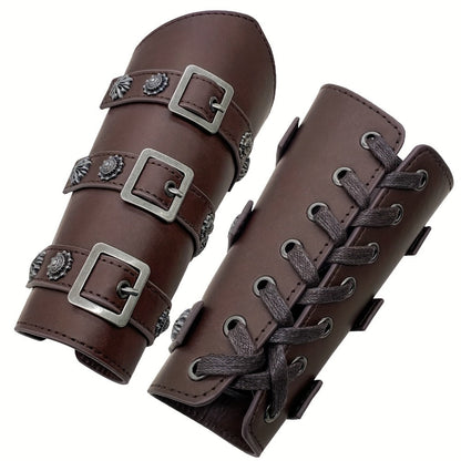 Viking Medieval Leather Arm Guards Bracers – PU Leather Knight Gauntlets Adjustable Metal Buckles Rivets for Men Women Halloween Cosplay