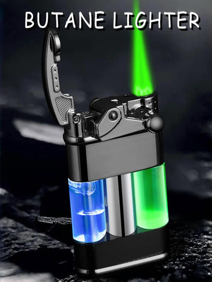 Green Flame Metal Lighter Windproof, Refillable Butane Gas Lighter with Adjustable Flame, Fuel Window & Rocker Arm Ignition