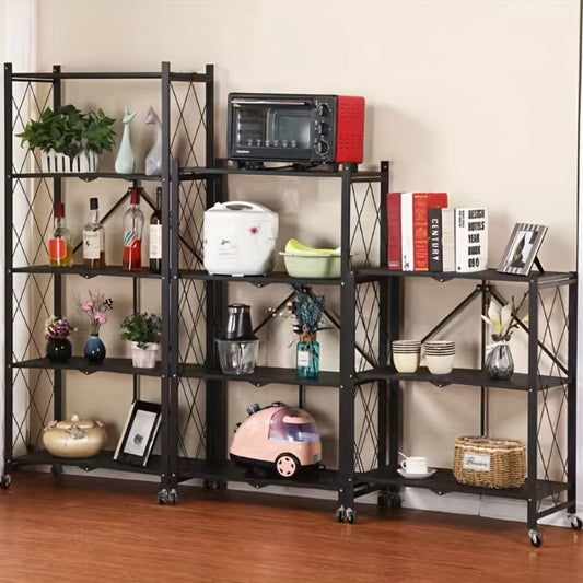Three-to-Five-Tier Folding Storage Rack with Metal Shelves, Caster Wheels and Black or White Finish