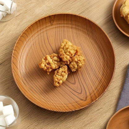 10pcs Wood Grain Dinner Plates Set – Round Striped Plastic Serving Trays for Home Kitchen Dessert Shop Restaurant