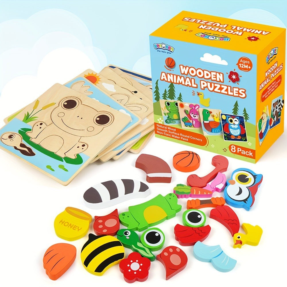 Baby Animal Wooden Puzzles for Toddlers 8 Pack, Infant Learning Toy 12 Months+, Bear Bunny Owl Frog Bee Duck Moose Raccoon