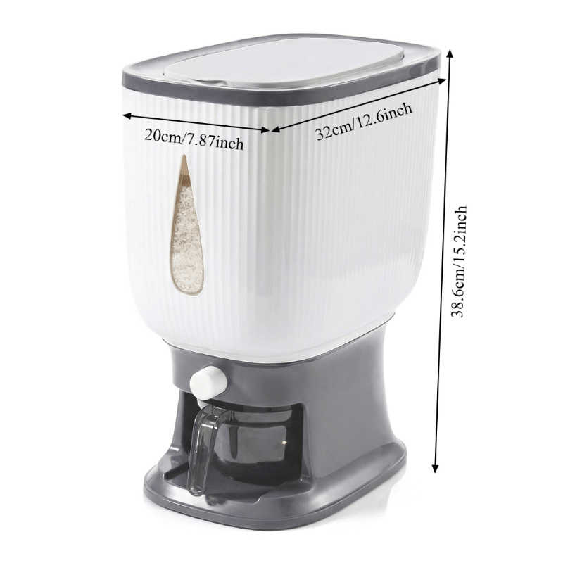 Rice Dispenser with Measuring Cup, Large 6-Chamber Sealed Grain Storage Container, Transparent Window