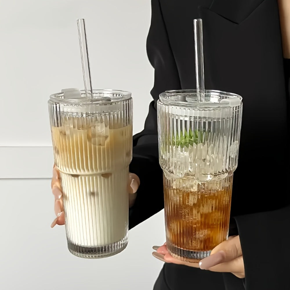 Striped Drinking Glasses with Lids and Glass Straws, 19-Ounce Tumblers in Two- or Four-Piece Sets