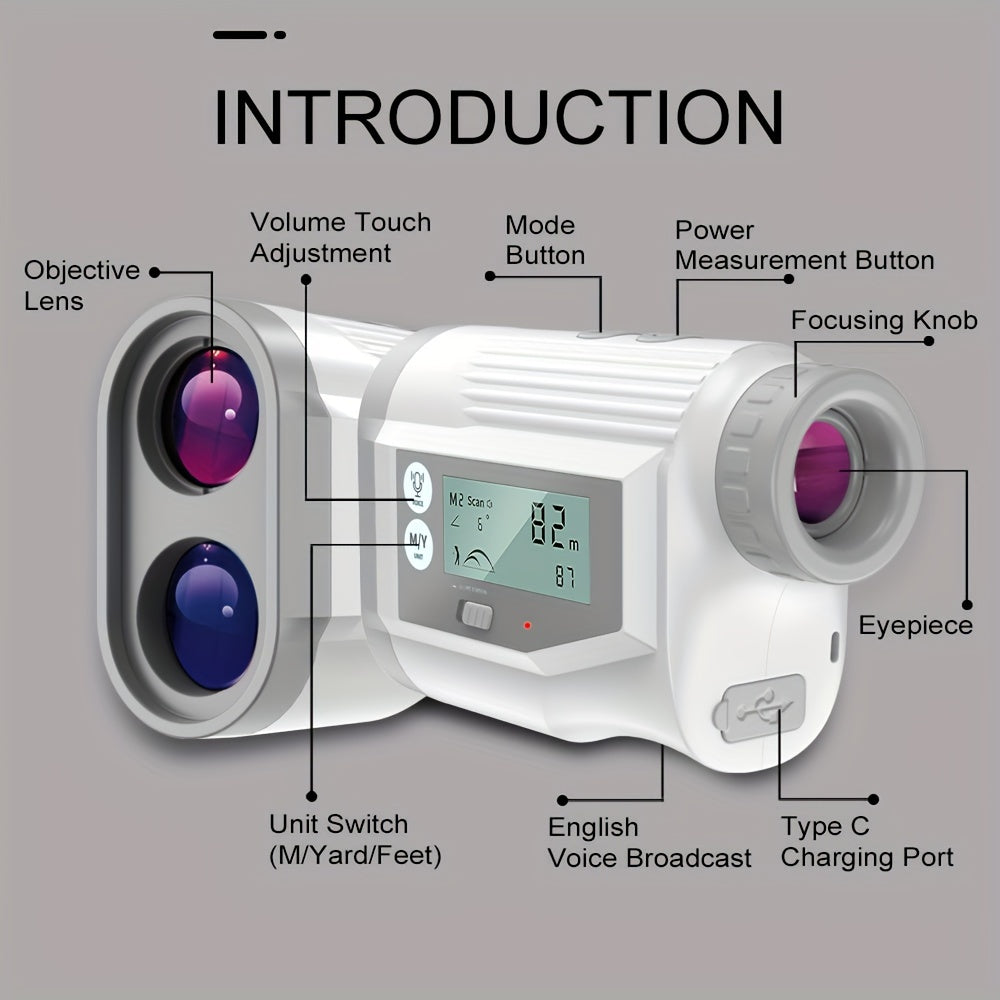 Golf Laser Rangefinder 1000 Yards with Touchscreen & English Voice – 6X Magnification, Slope Compensation, USB Rechargeable, Scanning Mode