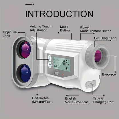 Golf Laser Rangefinder 1000 Yards with Touchscreen & English Voice – 6X Magnification, Slope Compensation, USB Rechargeable, Scanning Mode