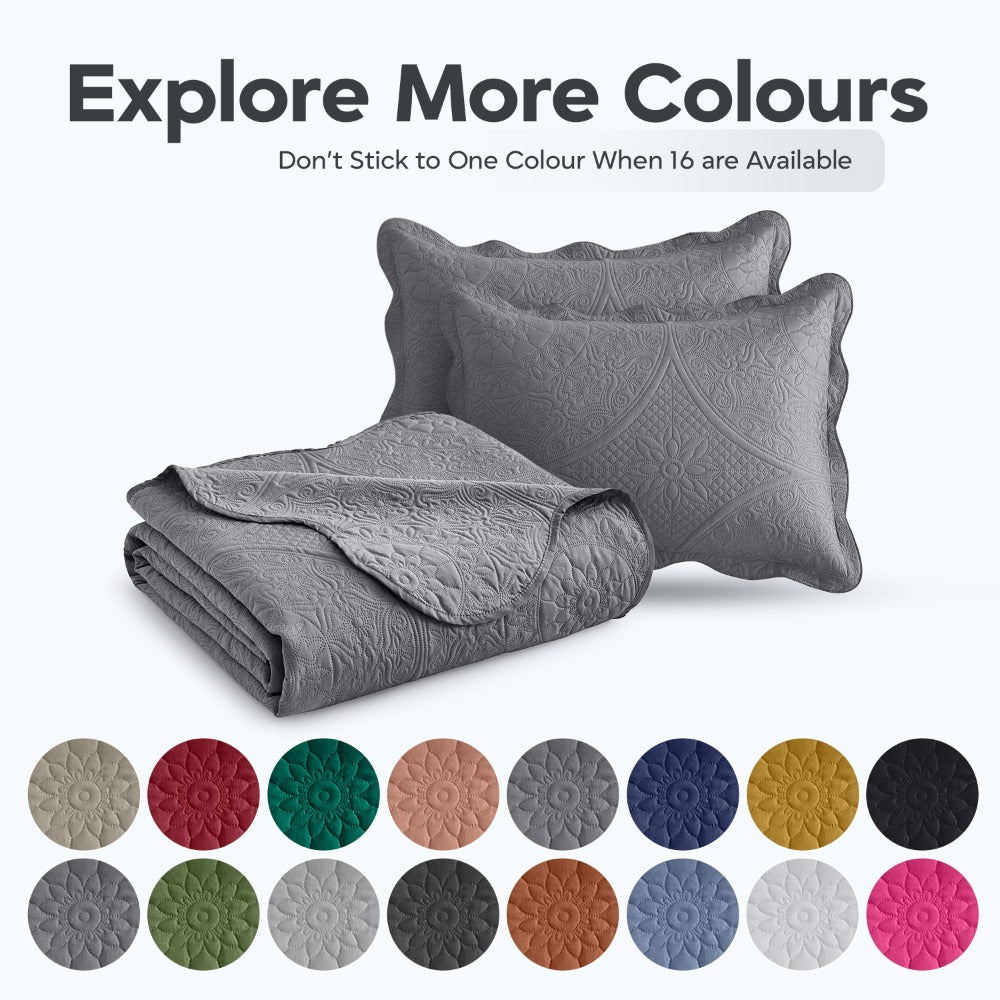 Floral-Pattern Three-Piece Bedspread Set in 16 Colors with Twin, Queen, King and California King Sizes