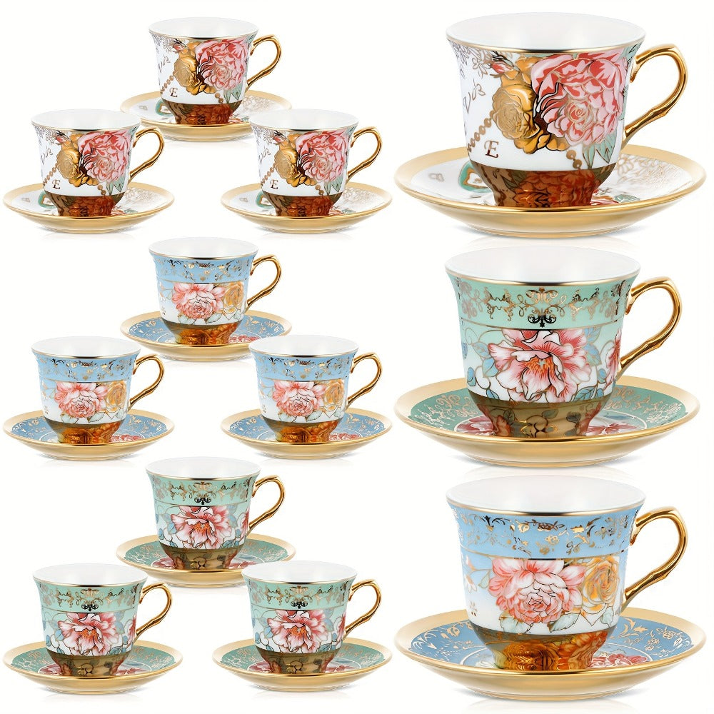 Floral Porcelain Tea Cups and Saucers Set of 12 – 5.4 Oz British Style Tea Party Cups – Classic Elegant Gift for Women