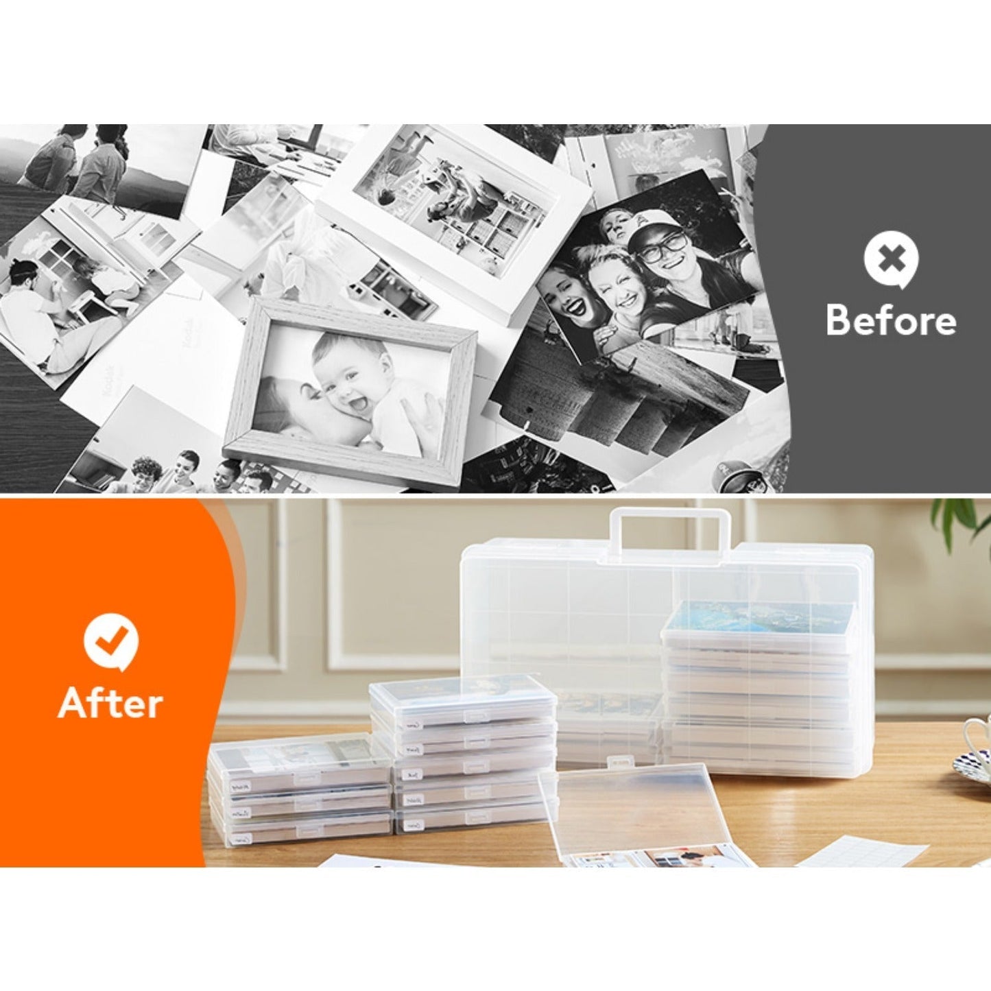 4x6 Photo Storage Box with 14 Inner Photo Keeper Cases Holds 1400 Photos Clear Plastic Photo Organizer with Lids Label Stickers BPA-Free