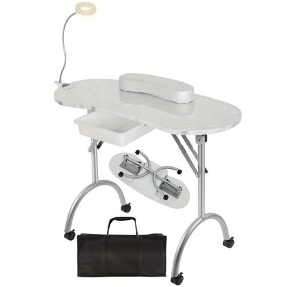 Foldable Nail Table with LED Lamp Drawer Lockable Wheels Wrist Cushion & Carrying Bag, Portable Manicure