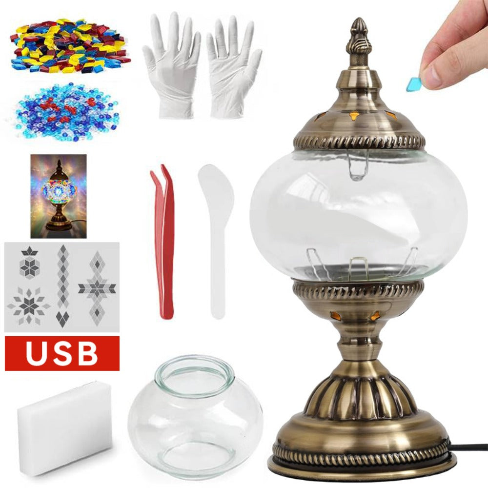DIY Mosaic Lamp Kit Handmade Glass Table Lamp, Colorful Stained Glass Bedside Night Light with Antique Bronze Base