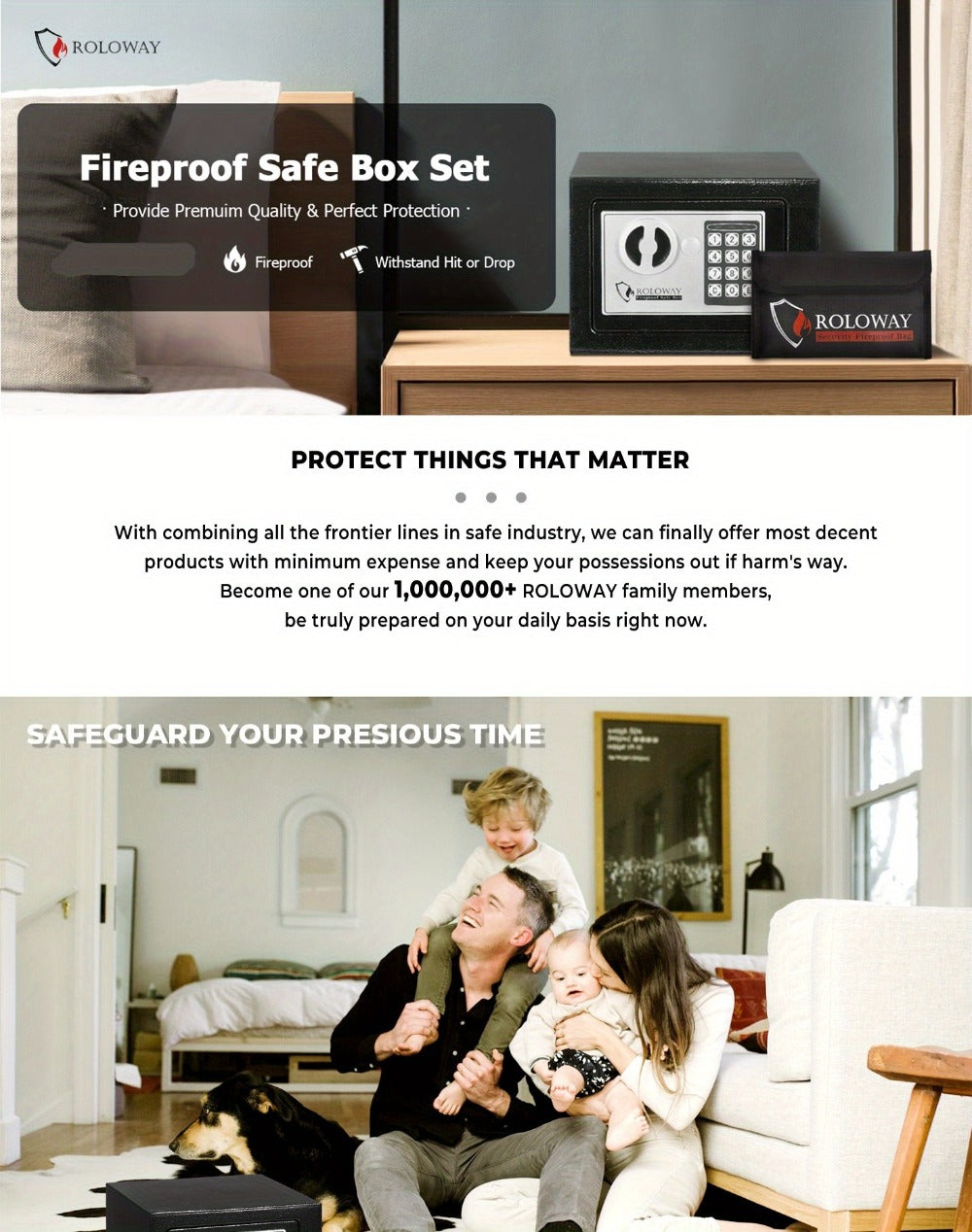 Fireproof Safe Box with Keyboard Lock, ROLOWAY Home & Office Security Safe with Fireproof Bag, Multiple Sizes