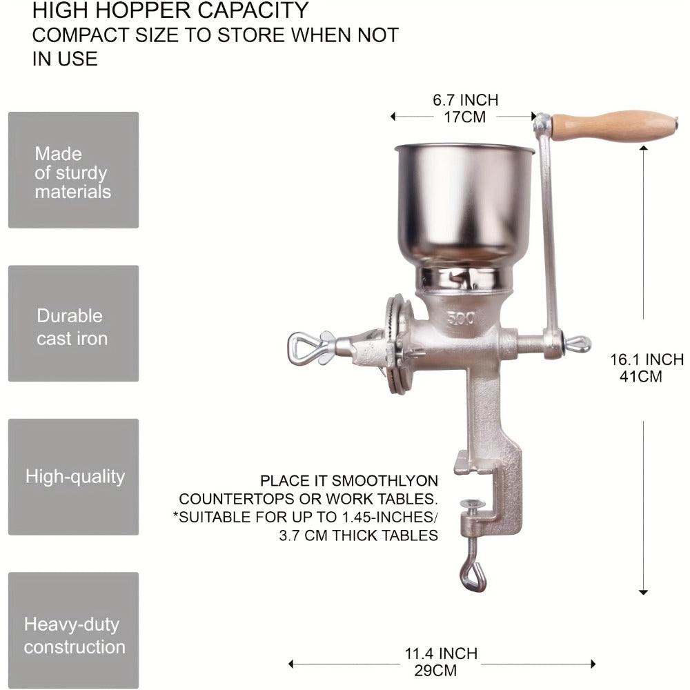 Cast Iron Grain Mill Manual Grain Grinder, Hand Crank Food Mill, High Hopper with Clamp & Shield