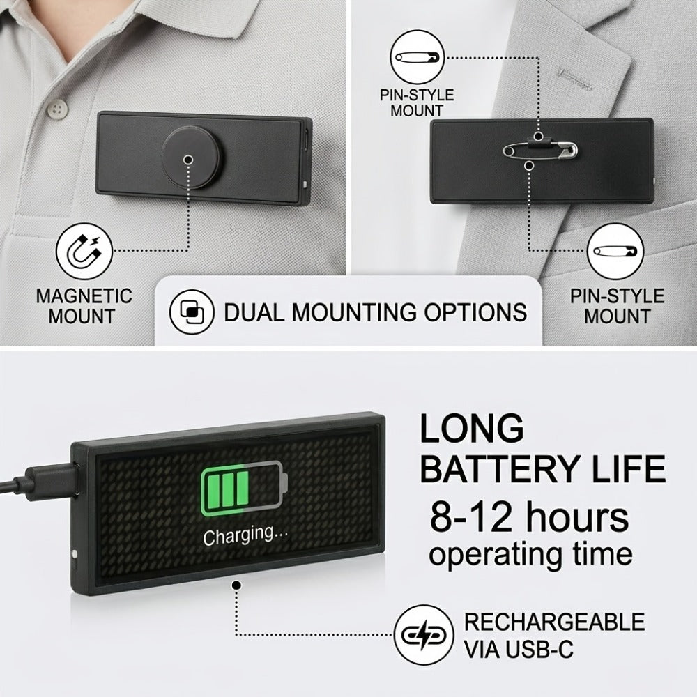 Programmable LED Badge Bluetooth App Controlled, Rechargeable Scrolling Text & Logo Display, 48x12 Pixel LED Name Tag for Events