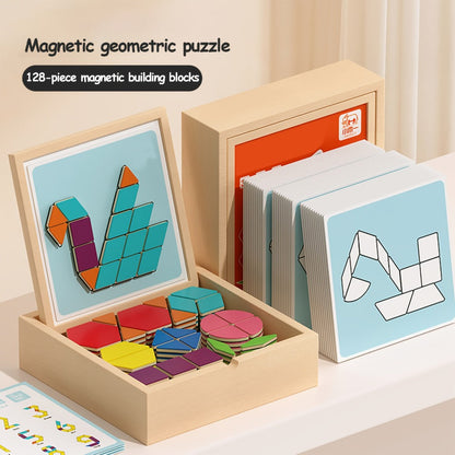 Magnetic Wooden Puzzle Blocks 128 180 220 Piece Set, Geometric Figures Cognitive Learning STEM Toy for Kids