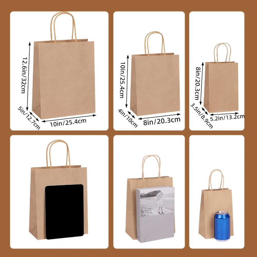Brown Kraft Paper Gift Bags 150-Piece Mixed-Size Pack with Handles and Source-Listed 110G Paper