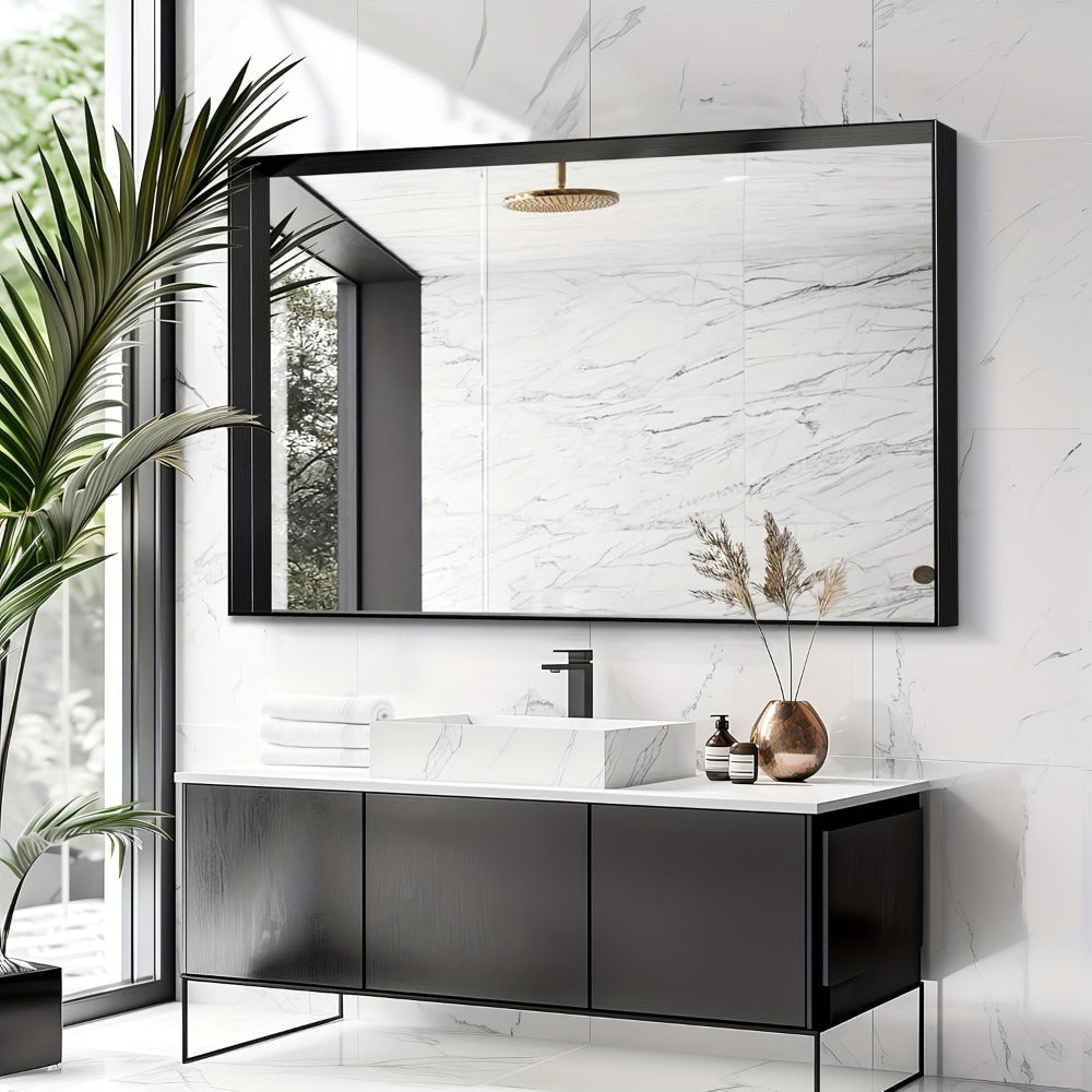 Rectangular Metal-Frame Bathroom Mirror in Black, Gold or Silver with Six Sizes and Dual Orientation