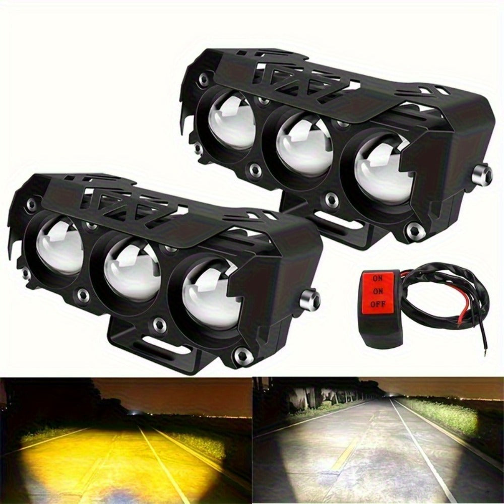 Motorcycle LED Lights 2 Pack with Switch – Dual Color White & Amber High Low Beam Auxiliary Driving Lights for Motorcycle Truck ATV UTV SUV