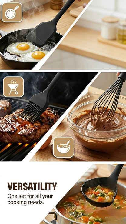 Silicone Kitchen Utensil Set 12PCS with Wooden Handle – Heat Resistant Non-Stick Safe for Home Cooking, Dining and Outdoor Meals
