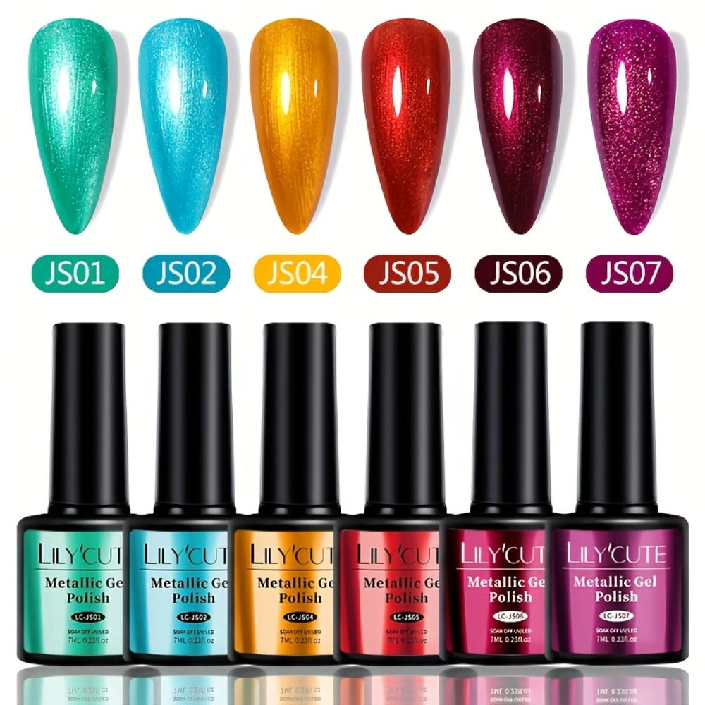 Glitter Gel Nail Polish Set 6pcs Metallic Sparkle – Liquid Glitter Soak-Off Gel in Red & Purple, LED Curable High-Shine Nail Art Kit 0.24oz