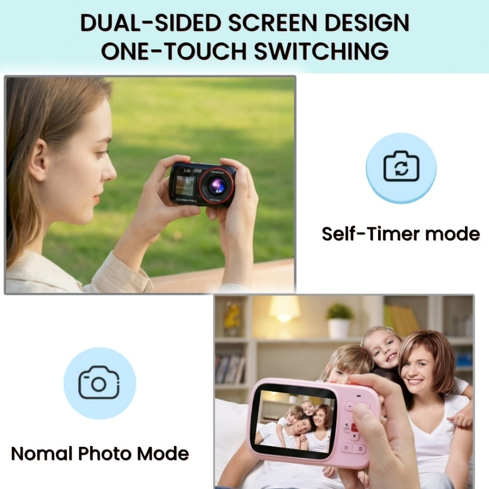 Digital Camera 2.5K Dual-Screen Compact with 72MP Capture Marking, Autofocus, Included 32GB Card and Four Colors