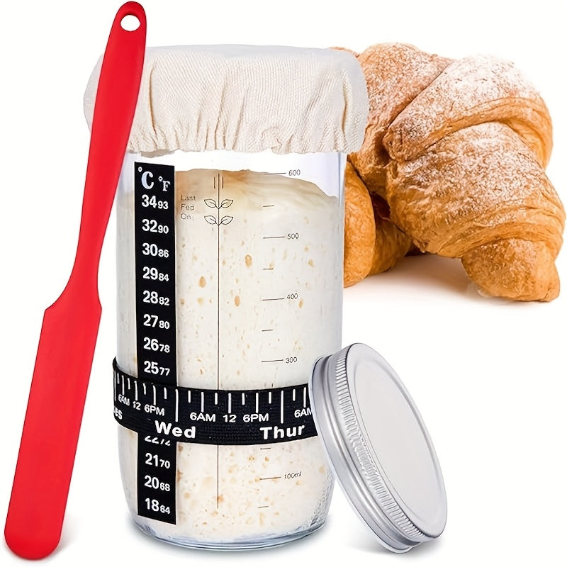 Sourdough Starter Jar 24oz with Lid & Accessories Kit, Glass Bread Starter Container with Silicone Scraper