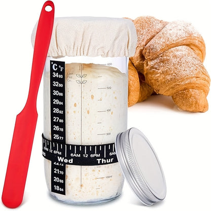 Sourdough Starter Jar 24oz with Lid & Accessories Kit, Glass Bread Starter Container with Silicone Scraper
