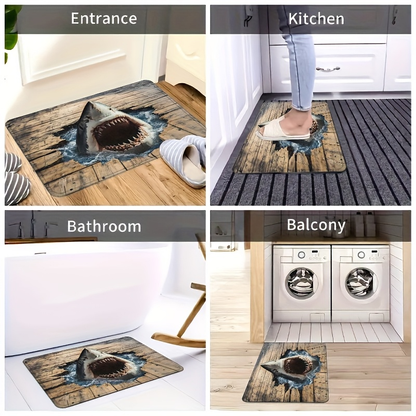 Shark Ocean Print Door Mat with Weathered Wood-Look Background in 40 x 60cm or 50 x 80cm Sizes