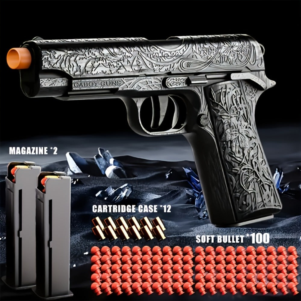 Shell-Ejecting Toy Foam-Dart Blaster with Engraved Body, Two Magazines and Four Color Options
