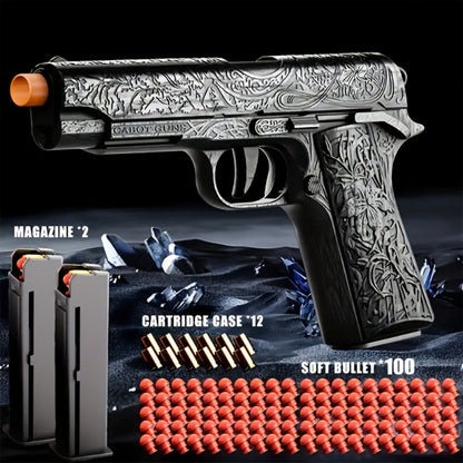 Shell-Ejecting Toy Foam-Dart Blaster with Engraved Body, Two Magazines and Four Color Options