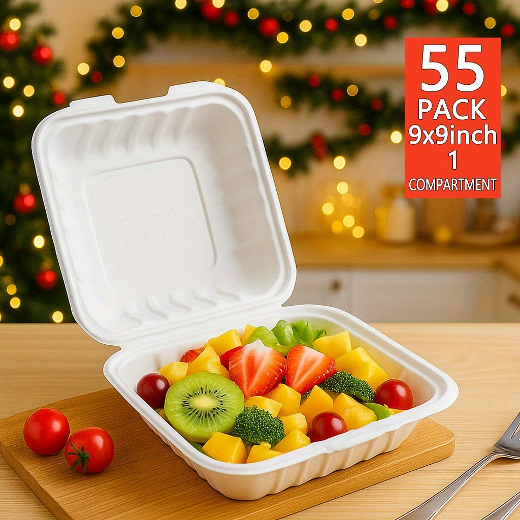 Disposable Food Containers Take Out Boxes with Lids - 7" 8" 9" Plastic Clamshell Meal Prep Containers 1 & 3 Compartment Reusable White