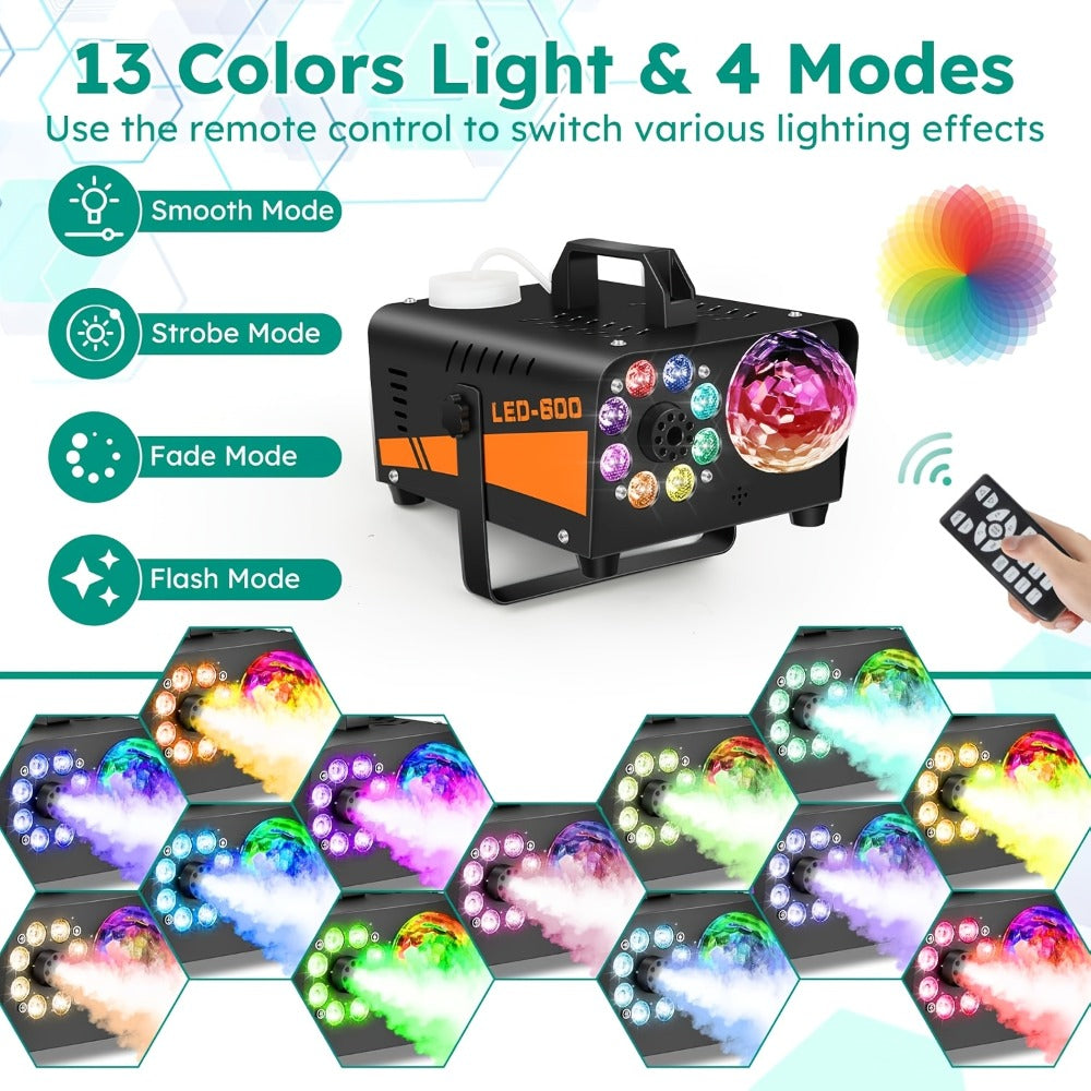 Fog Machine 600W with Disco Ball LED Lights, 3000 CFM Smoke Machine with 13 Colorful LED Effects & Wireless Remote