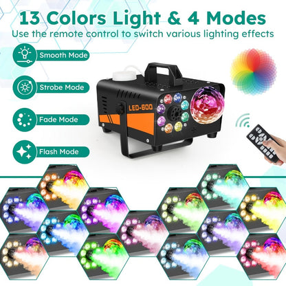 Fog Machine 600W with Disco Ball LED Lights, 3000 CFM Smoke Machine with 13 Colorful LED Effects & Wireless Remote