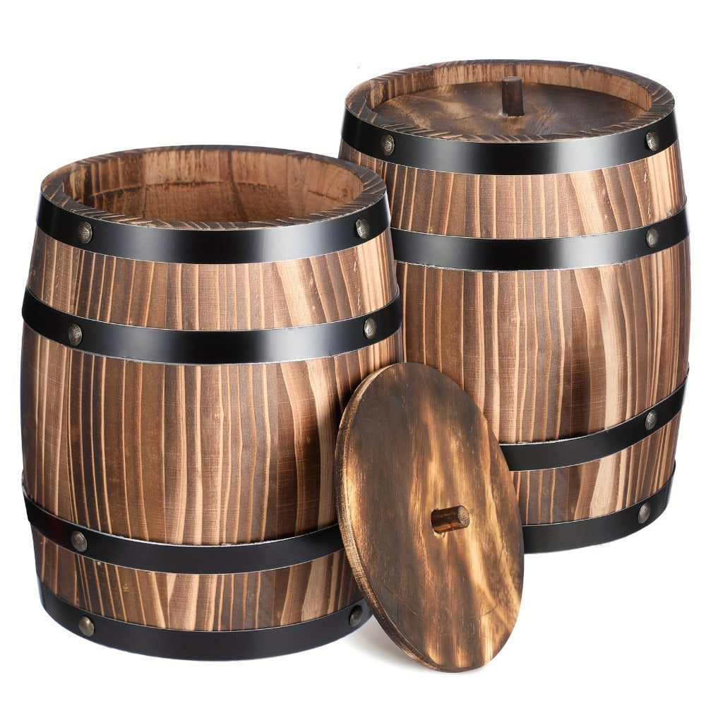 Wooden Barrel Vases Set of 2 for Rustic Wedding Centerpieces & Vintage Floral Arrangements – 8x6.5 Inch Wood Barrel Flower Vase