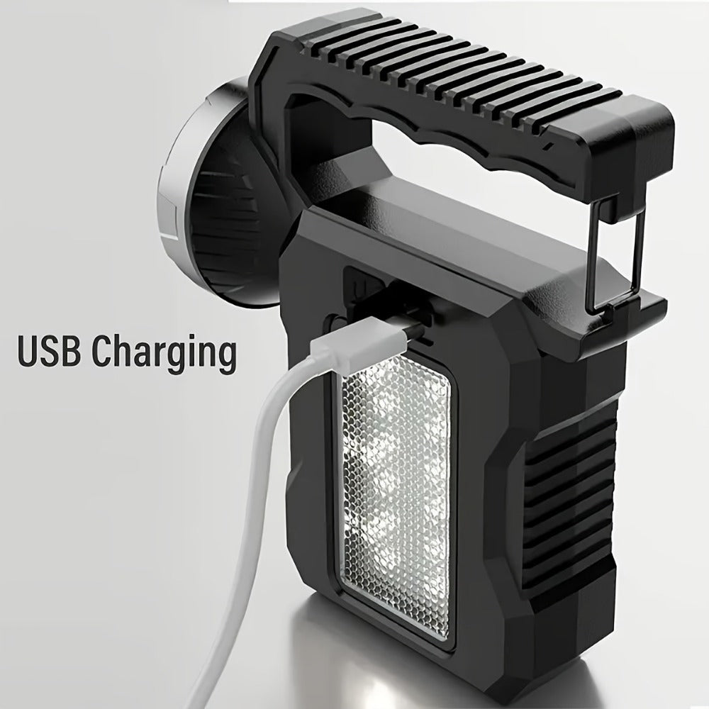 LED Searchlight Spotlight Solar & USB Rechargeable, High-Power Handheld Flashlight with Side Light Locking Clip 4 Modes