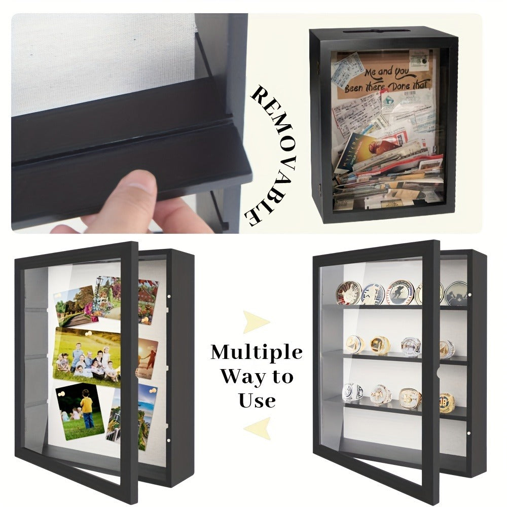 Shadow Box Frame 11x14 Large Memory Display Case with Linen Back – 4 Removable Shelves for Medals, Coins, Rings, Pins
